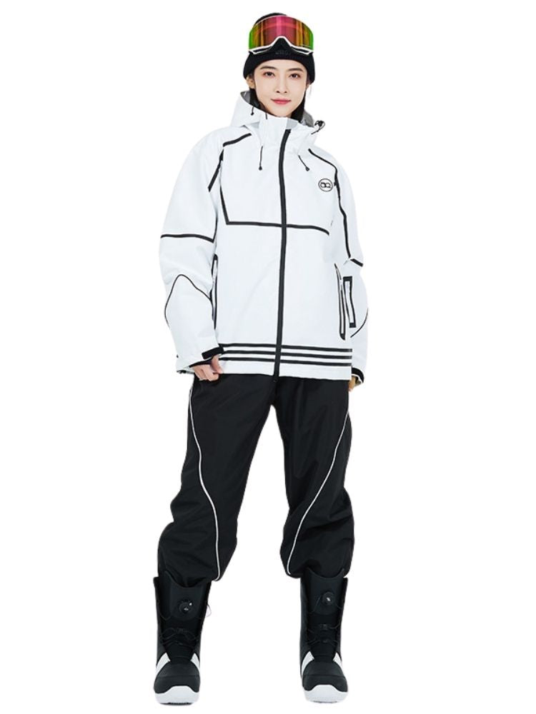 XwXwSeui Men Women Lines Outdoor Snow Suits-White Series