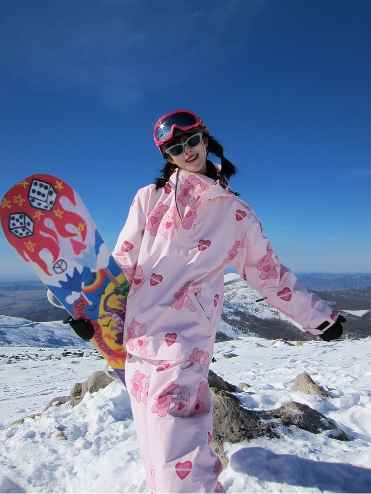 XwXwSeui Men Women Fleeced Pink Rabbit Ski Suits