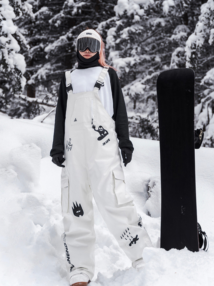 XwXwSeui Men and Women Cargo Graffiti Baggy Snow Bibs