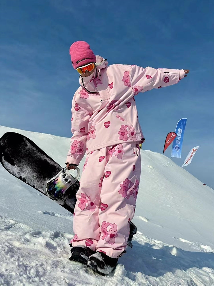 XwXwSeui Men Women Fleeced Pink Rabbit Ski Suits