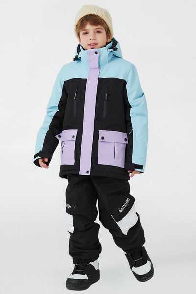 XwXwSeui Kids Fleeced Colorblock Hooded Loose Fashion Zipper Snowboard Suits