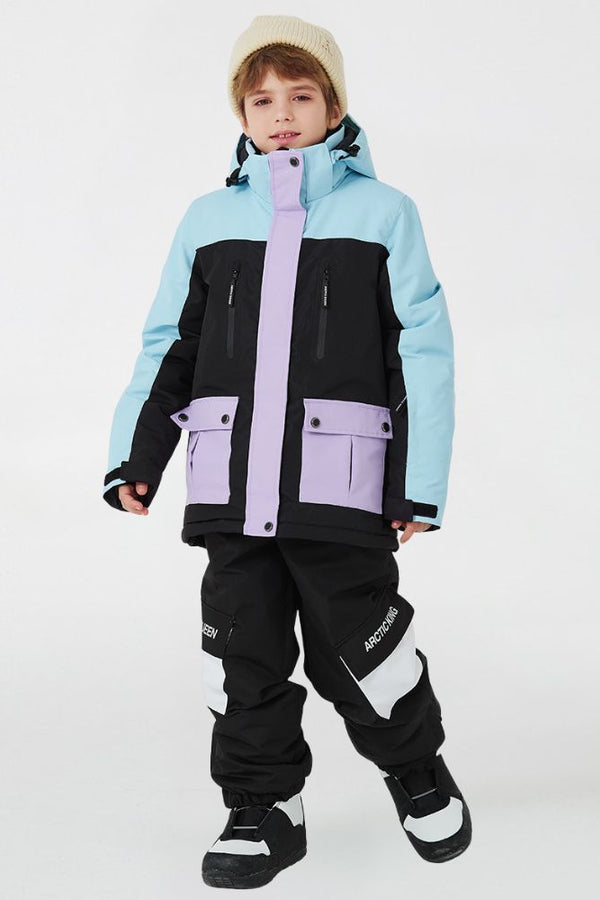 XwXwSeui Kids Fleeced Colorblock Hooded Loose Fashion Zipper Snowboard Suits