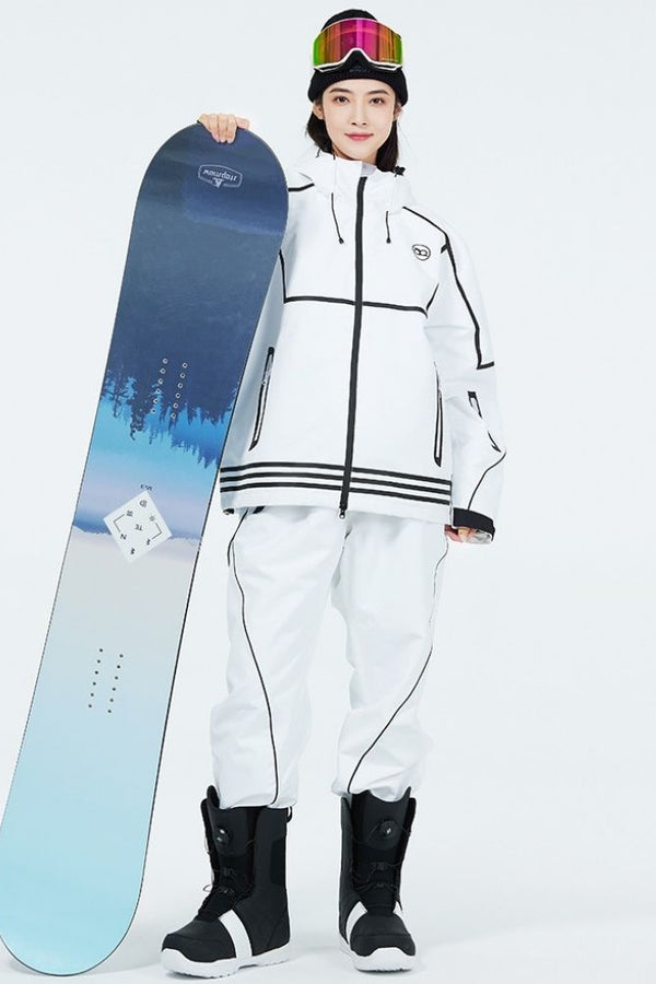 XwXwSeui Men Women Lines Outdoor Snow Suits-White Series