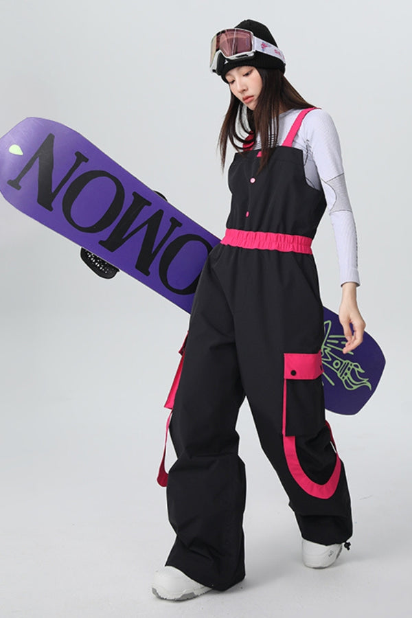 XwXwSeui Men and Women High Waist Baggy Chic Cargo Ribbon Snowboarding Bibs