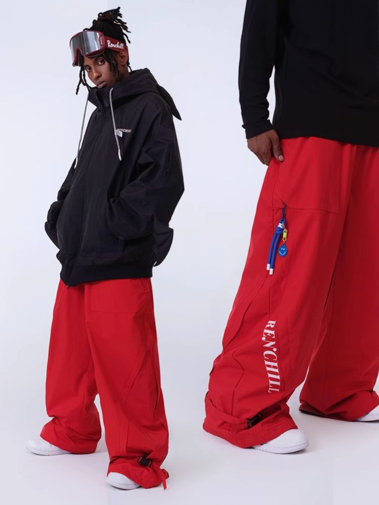 XwXwSeui Women Men Red Loose Fashion Single Double Board Hip Hop Style Ski Pants