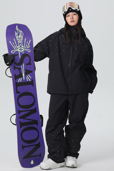 XwXwSeui Men Women 3L Sparkly Sequins Baggy Hooded Diamond Solid Snow Suits