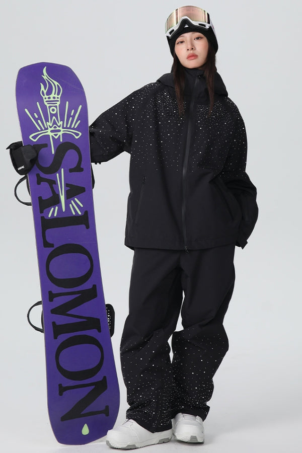 XwXwSeui Men Women 3L Sparkly Sequins Baggy Hooded Diamond Solid Snow Suits