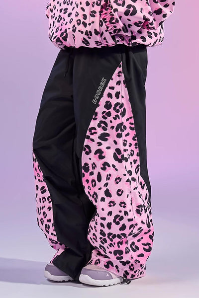 Doorek Pink Pachwork Black with Leopard Print Insulated Baggy Skiing Pantsfor Men Women